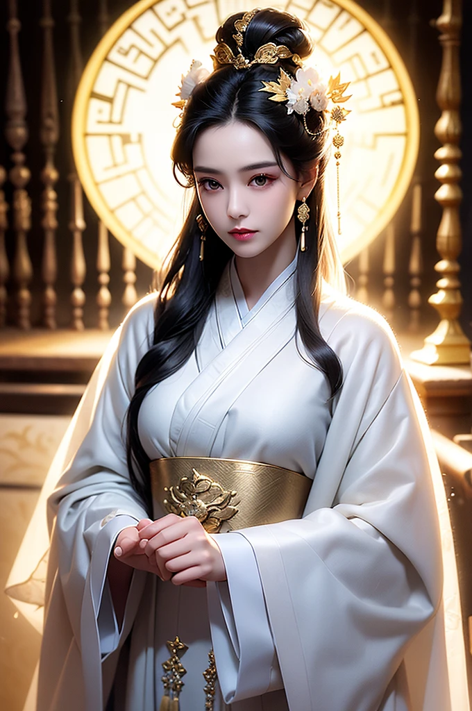 Black Hair, Immortal, Beauty, Royal sister, Stepmother, White Taoist robe, Golden Phoenix Coronet, Hair Bunch, Mature Woman