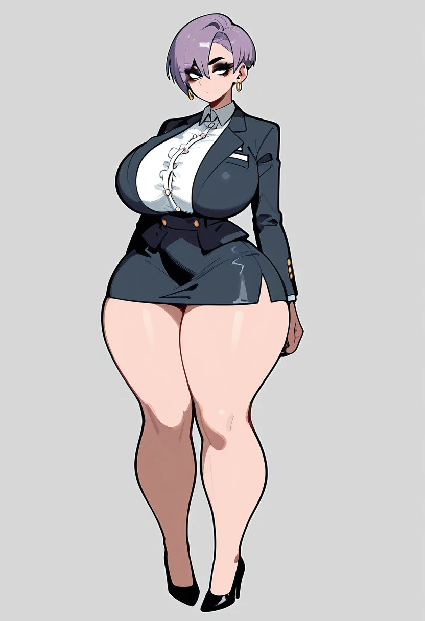 pale woman, short pixie cut purple hair, some hair on the back of her head, big earring, half lidded eyes, looking straight ahead, black eyeshadow, very massive huge breasts, very busty, small waist, wearing a very skin-tight white button up, tight black blazer, expressionless, wide hips, thick thighs, large thighs,long black pencil skirt, thick legs, wearing black high heels full body shown, standing, roommate