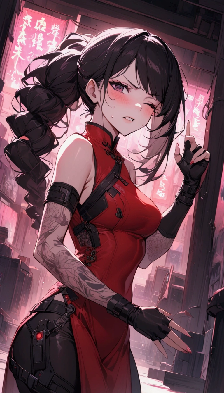 Dynamic composition,dutch angle,from side,{{masterpiece}}, {{{Highest quality}}},{{Very detailed}},{{Fight}},{{fighting stance:1.6}},{{critical situation:1.6}},{{hold down one's stomach with one's hands:1.6}},1girl,30years old,{Mature Woman}},cyberpunk,{{RED Chinese clothing:1.2}},Red sleeveless Chinese dress,pelvic curtain,black stockings,belt,black fingerless gloves,Lace arm covers,holster,{{Grit your teeth:1.4}},one eye closed, ,{{v-shaped eyebrows}},Bad mood,blush,Sweat,raise one's eyebrows ,{{View your viewers}}、Very long long hair in a ponytail.abdominal pain ,{{pain}},Inside the dojo,indoor