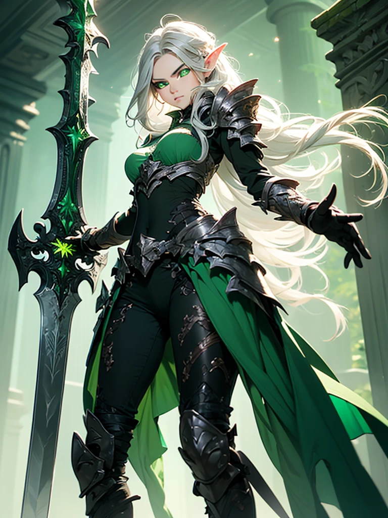 (((Masterpiece, best quality, high detailed, 8k))) Design a layout showcase Gaming character, (1girl). Long silver hair, green eyes, wearing a long flowing jade dress with high side slit, showing midriff, wielding a greatsword, sexy. (masterpiece:1.2), (best quality), ultra-detailed. (Step by step design, layout art:1.5), (luminous lighting, atmospheric lighting). Elf royalty. ((glove full hands)), intricate vambraces, thigh highs, thick thighs, (((full_body_shot:1.4))). The elf stands gracefully amidst dark, dense, ancient, towering trees, their leaves shimmering with a magical glow. The bikini armor, a blend of sleek metal and glowing energy lines, contrasts beautifully with the natural surroundings. Her long silver hair flows softly around her, framing her elegant face with piercing green eyes that radiate wisdom and strength. Massive greatsword she holds is pulsing with an ethereal green light.(hoang lap,A high resolution,hyper detailled),Black Soul theme, leather,Off-white,ranger,Background of details,Northern Valley,Irithyll,Cold moon,Rule of thirds,boundage,Diablo 4 style,intricate-detail,Diablo color theme,(offcial art,Beauty and aesthetics:1.2),(Dark art,erode, fractal art:1.3),rich colourful,horryfing,highest details, (green eyes: 2), white hair with blue tips, blue colored inner hair, long hair, solo, 1girl, slim, small breasts, green flames