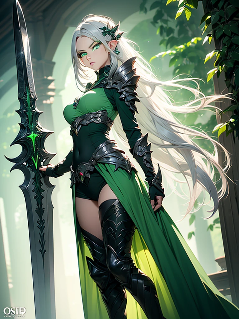 (((Masterpiece, best quality, high detailed, 8k))) Design a layout showcase Gaming character, (1girl). Long silver hair, green eyes, wearing a long flowing jade dress with high side slit, showing midriff, wielding a greatsword, sexy. (masterpiece:1.2), (best quality), ultra-detailed. (Step by step design, layout art:1.5), (luminous lighting, atmospheric lighting). Elf royalty. ((glove full hands)), intricate vambraces, thigh highs, thick thighs, (((full_body_shot:1.4))). The elf stands gracefully amidst dark, dense, ancient, towering trees, their leaves shimmering with a magical glow. The bikini armor, a blend of sleek metal and glowing energy lines, contrasts beautifully with the natural surroundings. Her long silver hair flows softly around her, framing her elegant face with piercing green eyes that radiate wisdom and strength. Massive greatsword she holds is pulsing with an ethereal green light.(hoang lap,A high resolution,hyper detailled),Black Soul theme, leather,Off-white,ranger,Background of details,Northern Valley,Irithyll,Cold moon,Rule of thirds,boundage,Diablo 4 style,intricate-detail,Diablo color theme,(offcial art,Beauty and aesthetics:1.2),(Dark art,erode, fractal art:1.3),rich colourful,horryfing,highest details, (green eyes: 2), white hair with blue tips, blue colored inner hair, long hair, solo, 1girl, slim, small breasts, green flames