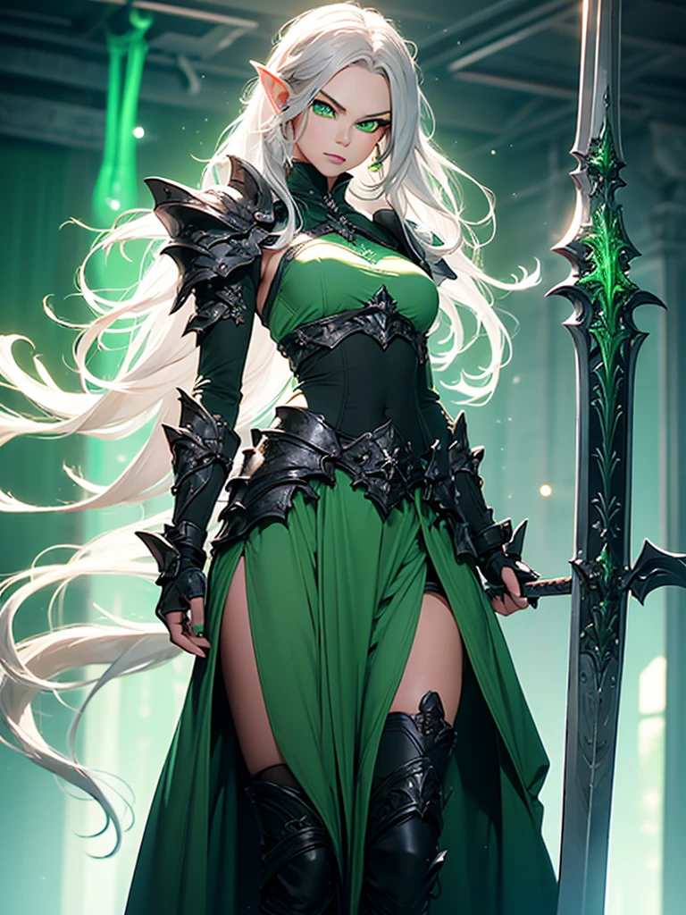 (((Masterpiece, best quality, high detailed, 8k))) Design a layout showcase Gaming character, (1girl). Long silver hair, green eyes, wearing a long flowing jade dress with high side slit, showing midriff, wielding a greatsword, sexy. (masterpiece:1.2), (best quality), ultra-detailed. (Step by step design, layout art:1.5), (luminous lighting, atmospheric lighting). Elf royalty. ((glove full hands)), intricate vambraces, thigh highs, thick thighs, (((full_body_shot:1.4))). The elf stands gracefully amidst dark, dense, ancient, towering trees, their leaves shimmering with a magical glow. The bikini armor, a blend of sleek metal and glowing energy lines, contrasts beautifully with the natural surroundings. Her long silver hair flows softly around her, framing her elegant face with piercing green eyes that radiate wisdom and strength. Massive greatsword she holds is pulsing with an ethereal green light.（hoang lap，A high resolution，hyper detailled），Black Soul theme, leather，Off-white，ranger，Background of details，Northern Valley，Irithyll，Cold moon，Rule of thirds，boundage，Diablo 4 style，intricate-detail，Diablo color theme，（offcial art，Beauty and aesthetics：1.2），（Dark art，erode,  fractal art：1.3），rich colourful，horryfing，highest details, (green eyes: 2), white hair with blue tips, blue colored inner hair, long hair, solo, 1girl, slim, small breasts, green flames