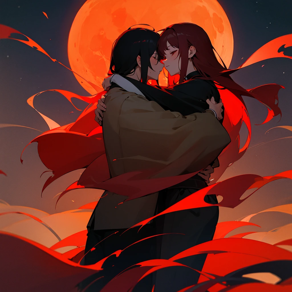 couple、hug, Red and black tones, moon ,dark , outdoor