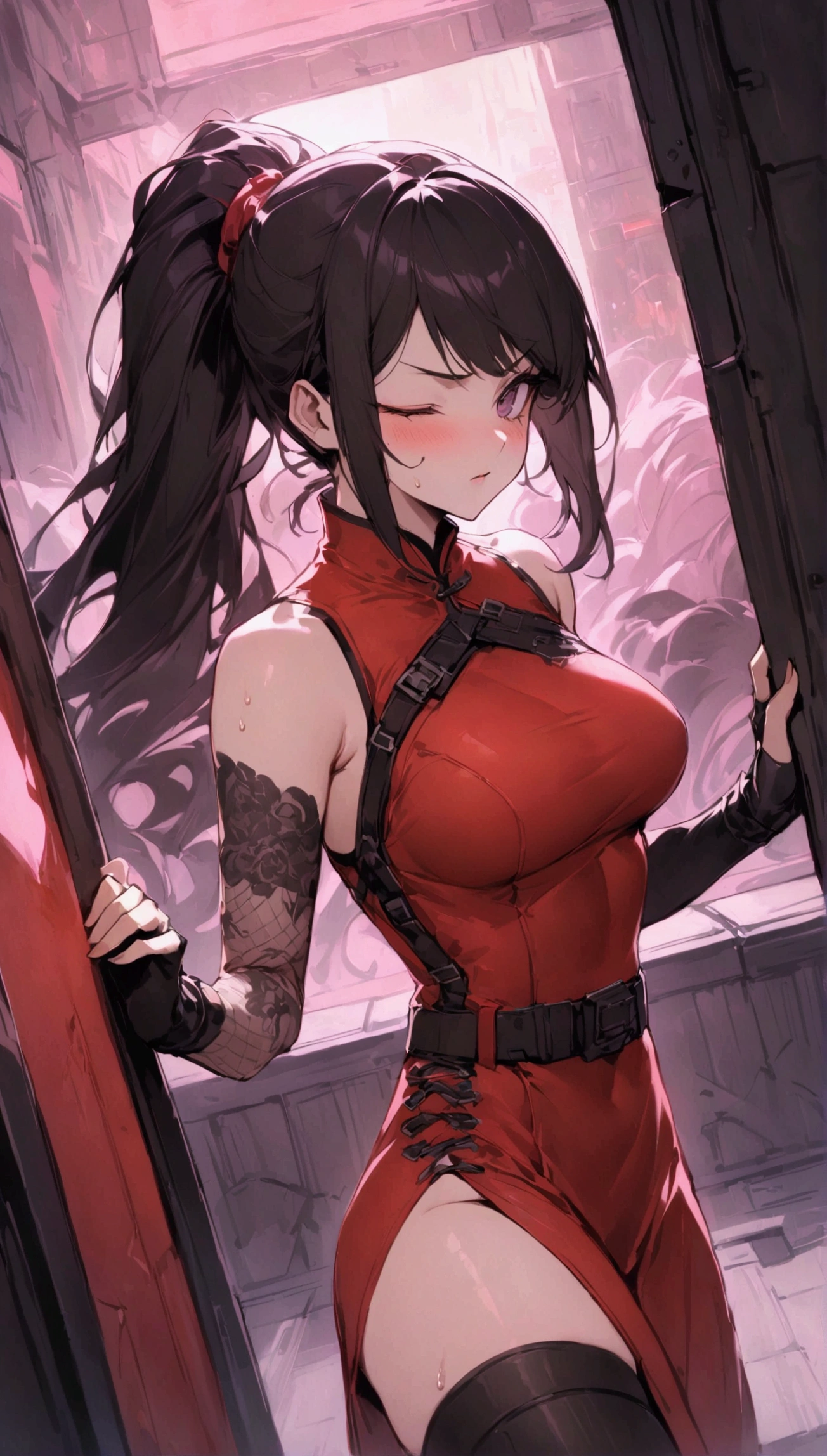 Dynamic composition,dutch angle,from side,{{masterpiece}}, {{{Highest quality}}},{{Very detailed}},{{Fight}},{{fighting stance:1.6}},{{critical situation:1.6}},{{hold down one's stomach with one's hands:1.6}},1girl,30years old,{Mature Woman}},cyberpunk,{{RED Chinese clothing:1.2}},Red sleeveless Chinese dress,pelvic curtain,black stockings,belt,black fingerless gloves,Lace arm covers,holster,{{Grit your teeth:1.4}},one eye closed, ,{{v-shaped eyebrows}},Bad mood,blush,Sweat,raise one's eyebrows ,{{View your viewers}}、Very long long hair in a ponytail.abdominal pain ,{{pain}},Inside the dojo,indoor
