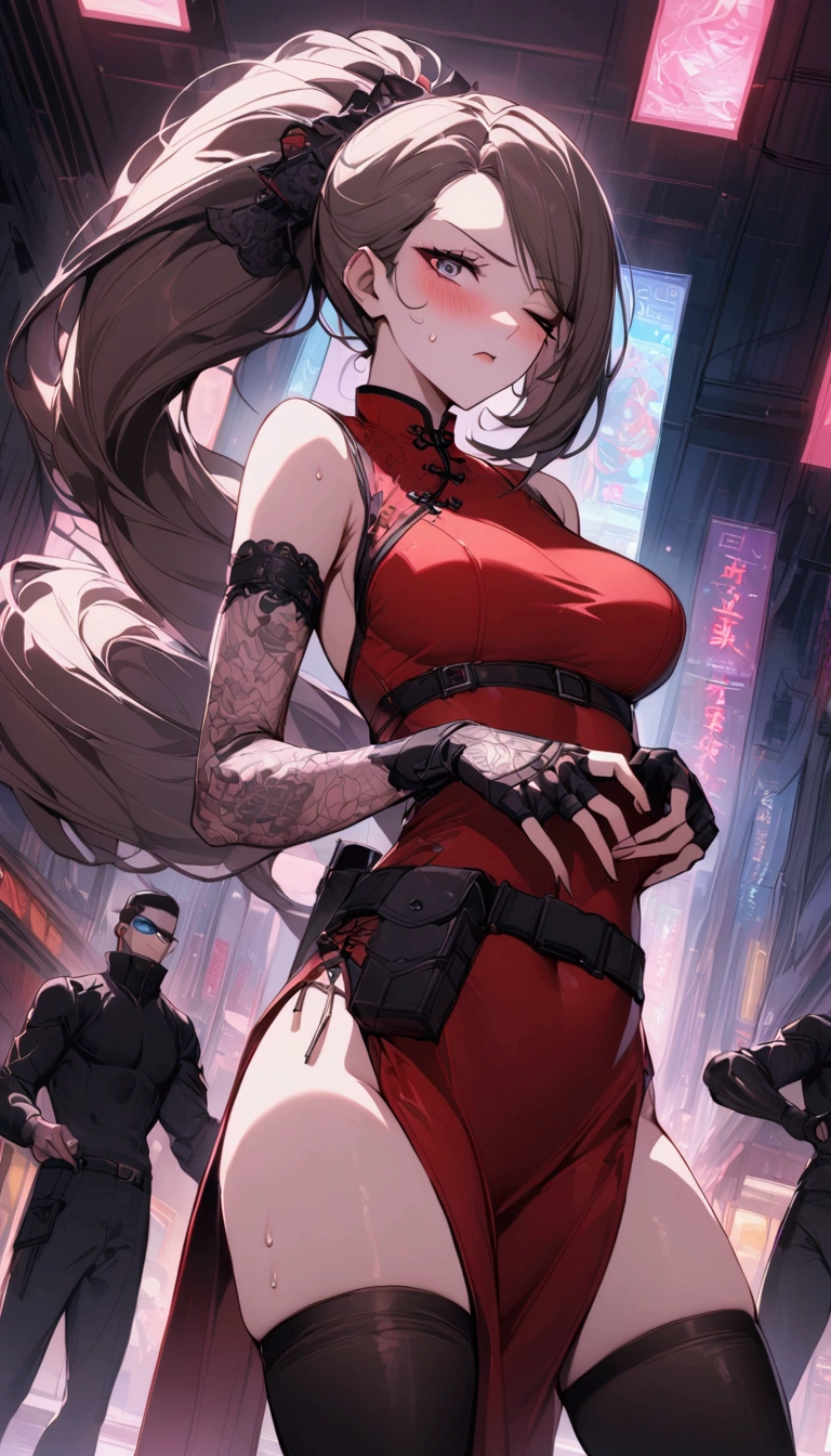 Dynamic composition,dutch angle,from side,{{masterpiece}}, {{{Highest quality}}},{{Very detailed}},{{Fight}},{{fighting stance:1.6}},{{critical situation:1.6}},{{hold down one's stomach with one's hands:1.6}},1girl,30years old,{Mature Woman}},cyberpunk,{{RED　Chinese clothing:1.2}},Red　sleeveless Chinese dress,pelvic curtain,black stockings,belt,black fingerless gloves,Lace arm covers,holster,{{Grit your teeth:1.4}},one eye closed,　,{{v-shaped eyebrows}},Bad mood,blush,Sweat,raise one's eyebrows　,{{View your viewers}}、Very long long hair in a ponytail．abdominal pain ,{{pain}},Inside the dojo,indoor