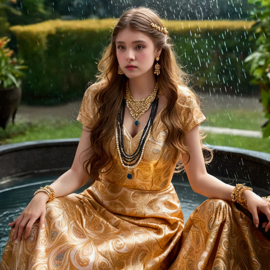 4K, Ultra HD, masterpiece, 1 girl, Serious face, Detailed eyes, Very long hair, (Flared dress:1.5), (golden Flared dress:1.5), (Paisley pattern:1.3), (jewelry:1.5), in the garden, (rain:1.5), (water:1.5), Sitting,