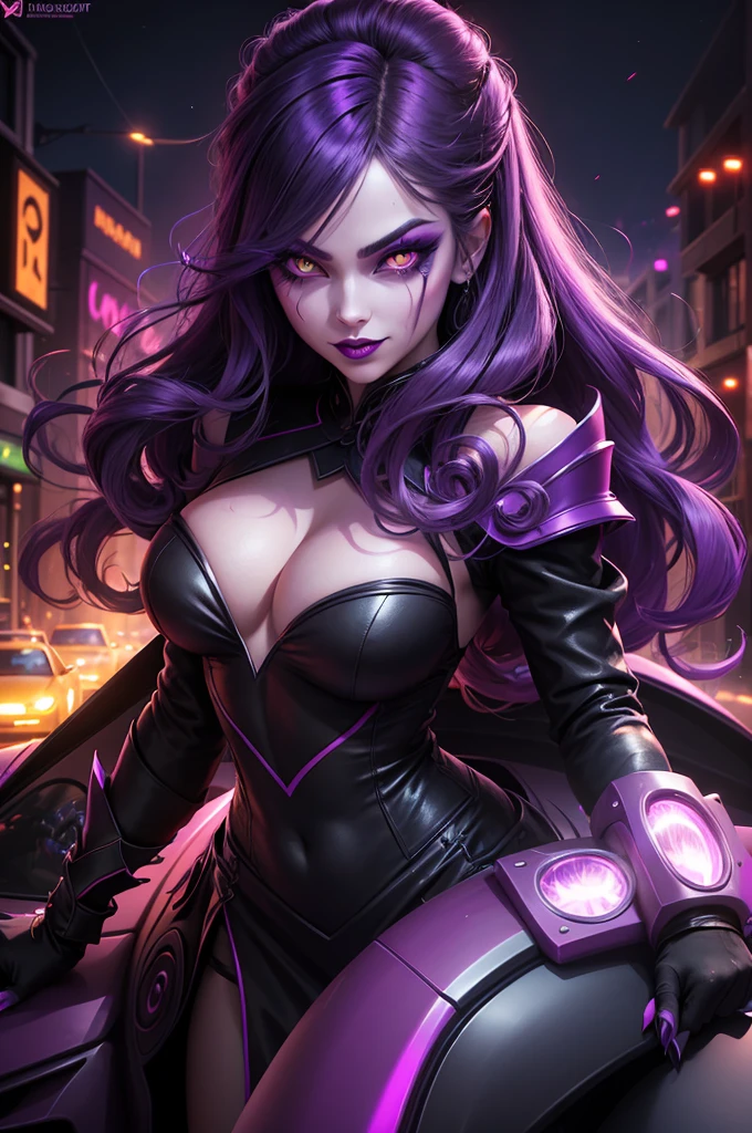 Ultra detailed young evil girl. Evil smile on her face. Villainess. Long dark floating hair. Beautiful makeup on her face. Beautiful eyelashes. Lipstick on her lips. Bright purple eyes. Crazy looking villain. Very colorful, lots of colors. Night background, with cars with bright headlights on behind, illuminating the dark streets.