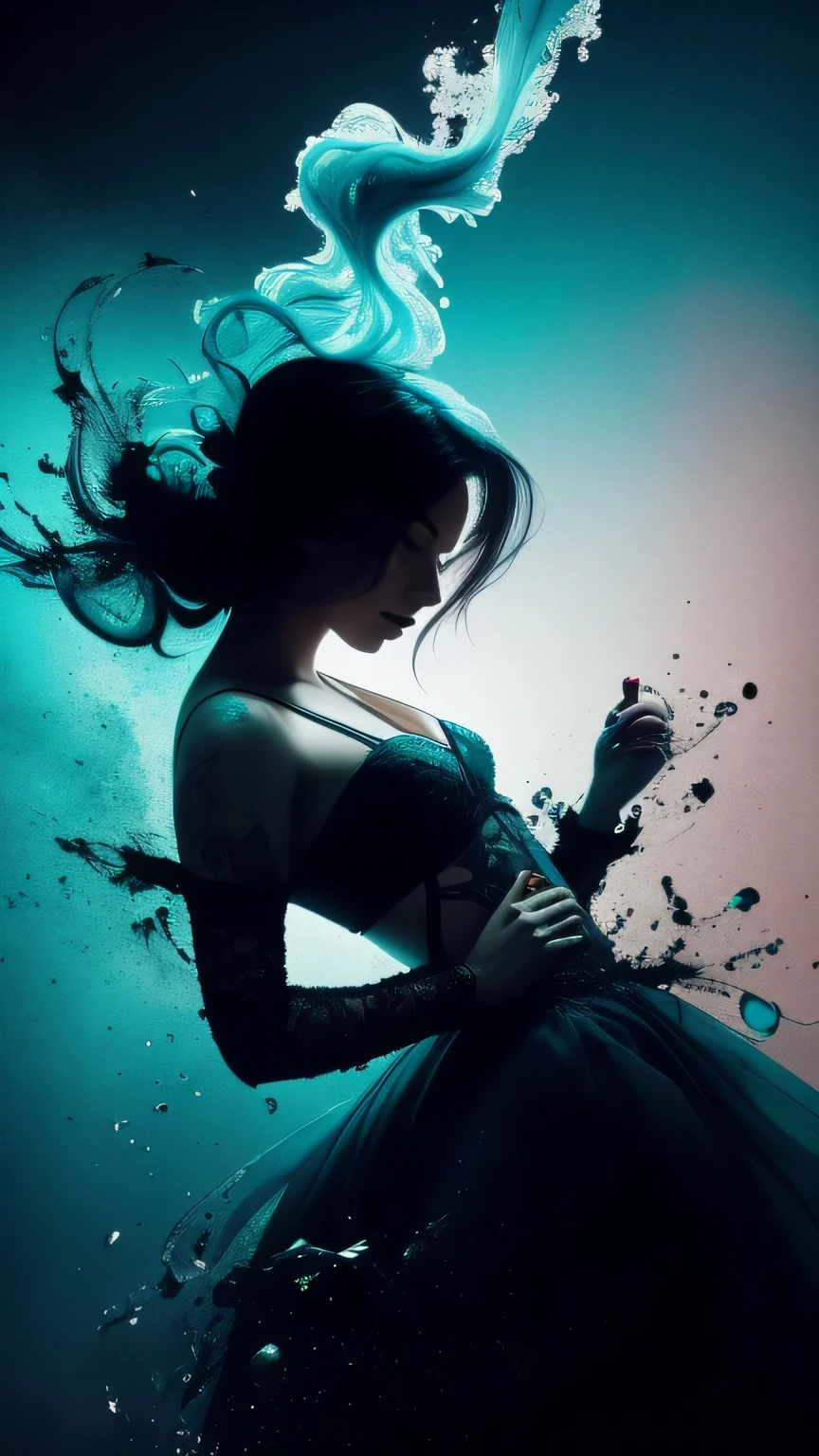 Alberto seveso art, dancing sillhouette, water ink, ink water, ink cloud, alberto seveso art, loose painting style, intricate detail, cinematic lighting, octane render, 8k render, volumetric lighting