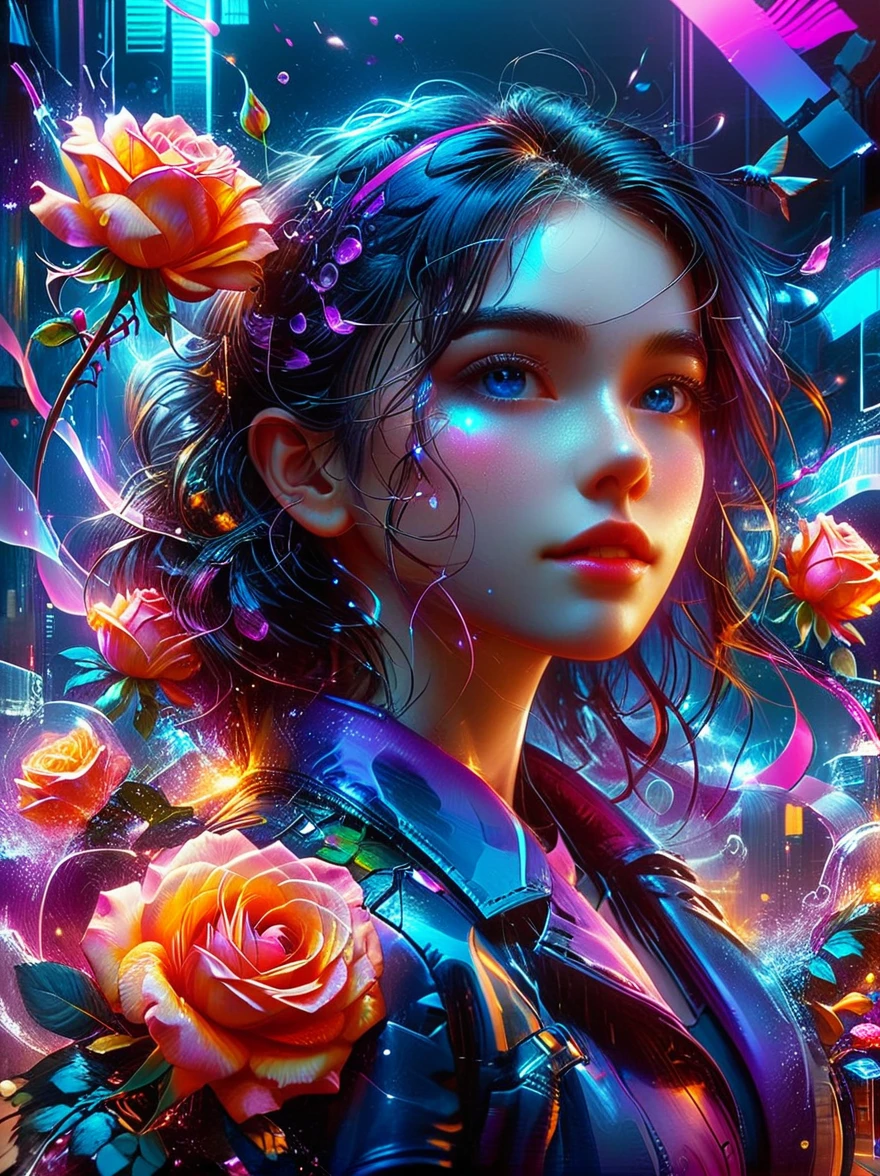 (((whole body)))，(Wide-angle lens:1.8)，(panoramic:1.8)，(((8k，Bright colors，Bright，Ultra high saturation，RGB color))), 1 Girl，Y2K style，Collage art，Cyberpunk Background，Celluloid Shadow，Soda，blue，Purple，whole，Bionic rose with clear details, Cyber Scent