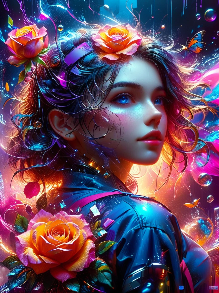 (((whole body)))，(Wide-angle lens:1.8)，(panoramic:1.8)，(((8k，Bright colors，Bright，Ultra high saturation，RGB color))), 1 Girl，Y2K style，Collage art，Cyberpunk Background，Celluloid Shadow，Soda，blue，Purple，whole，Bionic rose with clear details, Cyber Scent