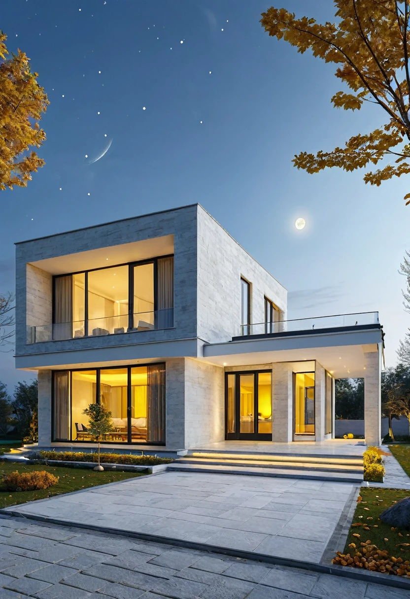 realitic photo, high quality, 8k , 3d render, product design,
modern building, villa building ,glass, white stone,horizontal frame, yellow lights ,
starry night, moon, sidewalk, autumn weather