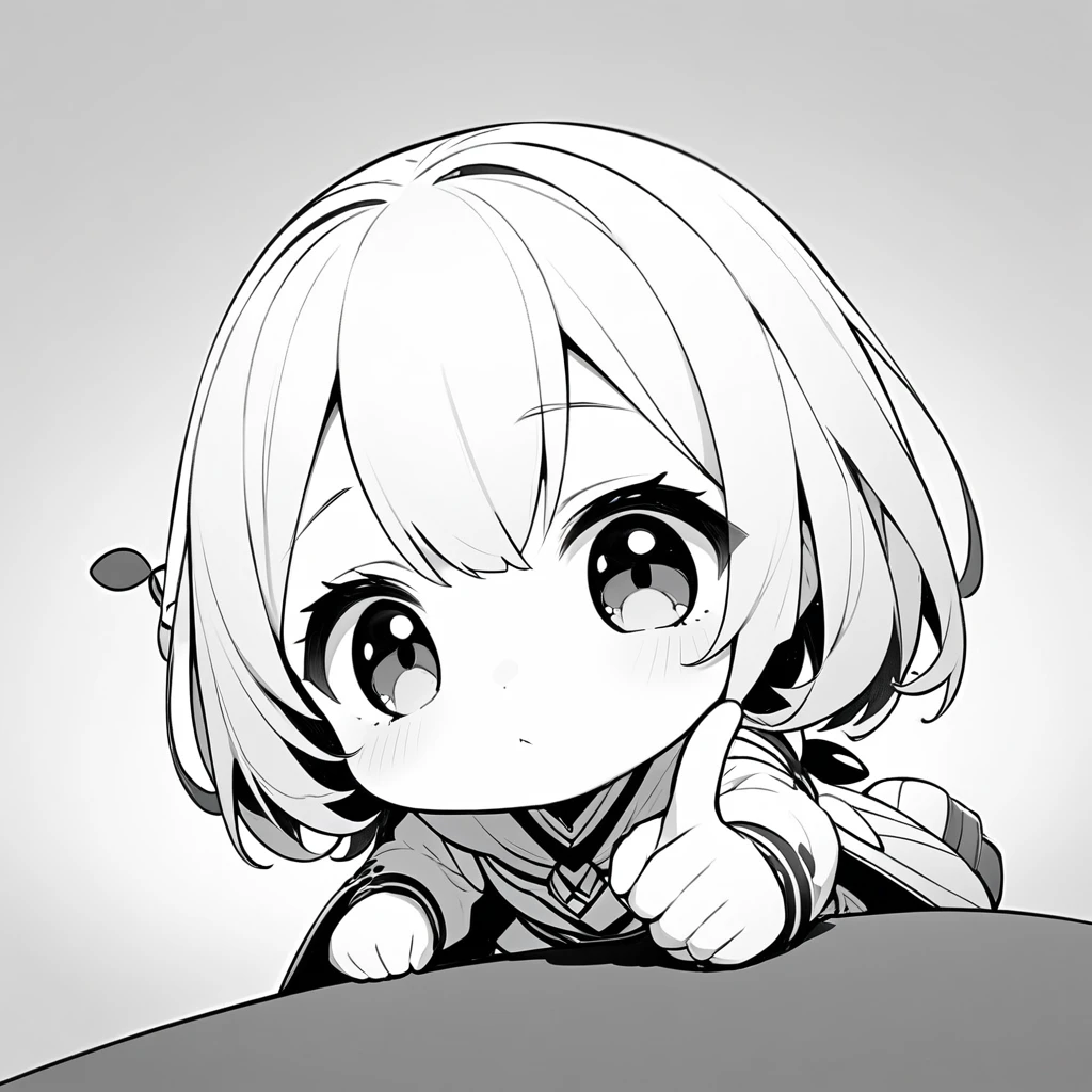 ultra-small deformation, Chibi Cute, insect's eye view, 1girl, solo, kneeling and puts her face and index finger close to viewer, looking down, monochrome, simple background, Low Angle Shot