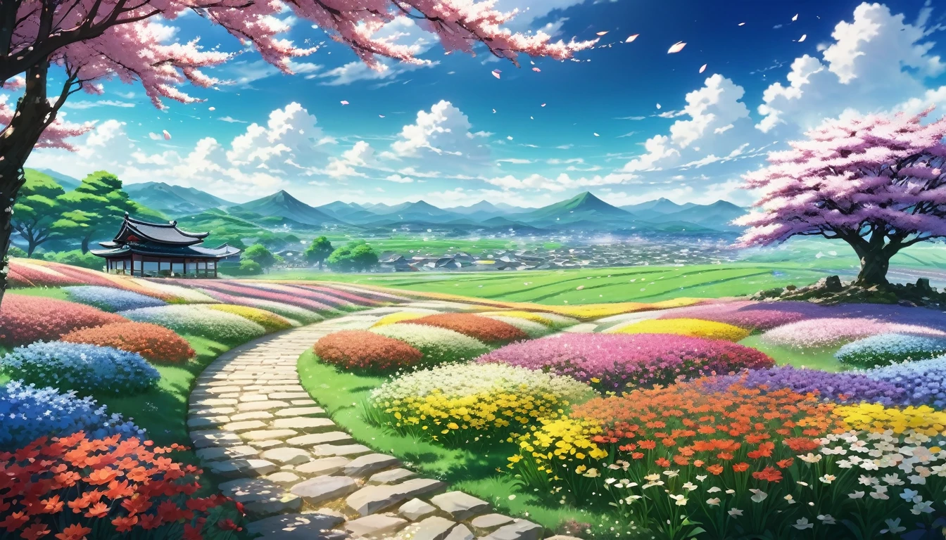  anime aestetics, anime scenery, japanese spirit arc standing in the open field, a few stones on the field, diverse landscape, beautifl atmosphere, breathtaking atmosphere, field filled with colorful flowers, peaceful atmosphere, petals flying in the air, windy weather, bright day, fairy tail atmosphere, cinematic ligt, perspective, atmospheric perspective, wide shot, from side, 8k, highres, best quality, award winning, super detail, masterpiece, UHD