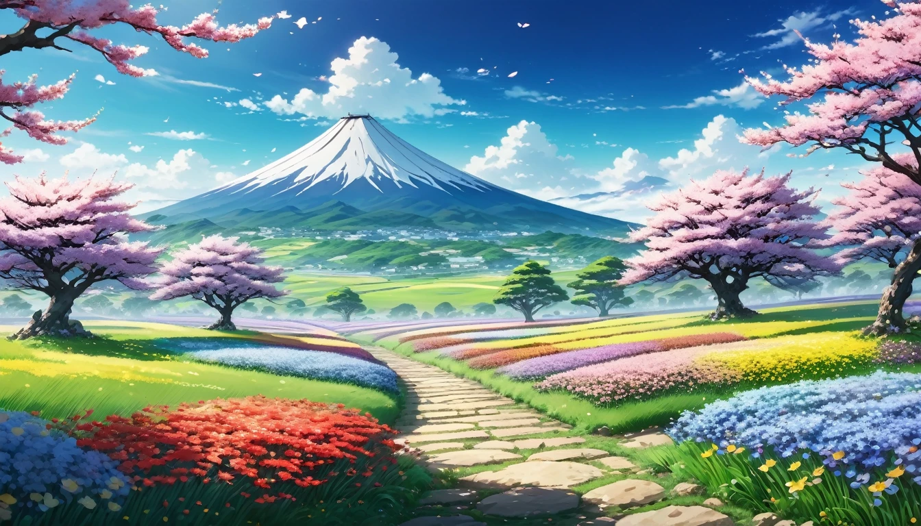 anime aestetics, anime scenery, japanese spirit arc standing in the open field, a few stones on the field, diverse landscape, beautifl atmosphere, breathtaking atmosphere, field filled with colorful flowers, peaceful atmosphere, petals flying in the air, windy weather, bright day, fairy tail atmosphere, cinematic ligt, perspective, atmospheric perspective, wide shot, from side, 8k, highres, best quality, award winning, super detail, masterpiece, UHD