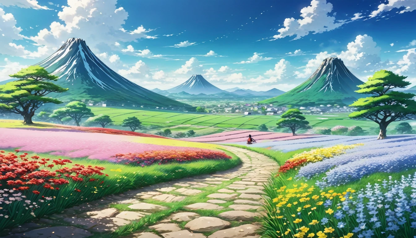 anime aestetics, anime scenery, japanese spirit arc standing in the open field, a few stones on the field, diverse landscape, beautifl atmosphere, breathtaking atmosphere, field filled with colorful flowers, peaceful atmosphere, petals flying in the air, windy weather, bright day, fairy tail atmosphere, cinematic ligt, perspective, atmospheric perspective, wide shot, from side, 8k, highres, best quality, award winning, super detail, masterpiece, UHD