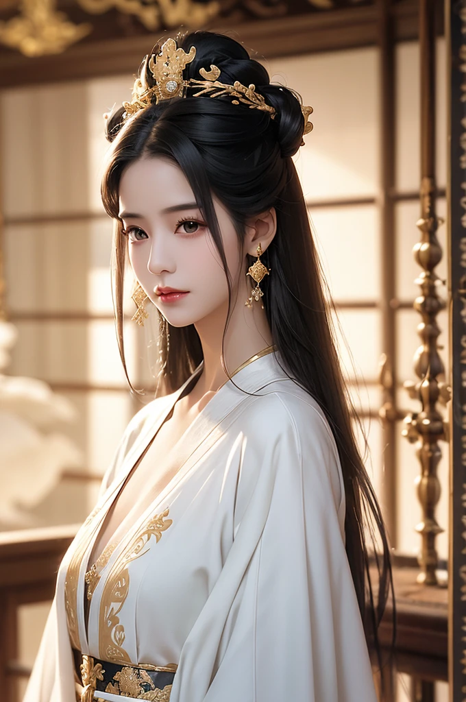Black Hair, Immortal, Beauty, Royal sister, Stepmother, White Taoist robe, Golden Phoenix Coronet, Hair Bunch, Mature Woman