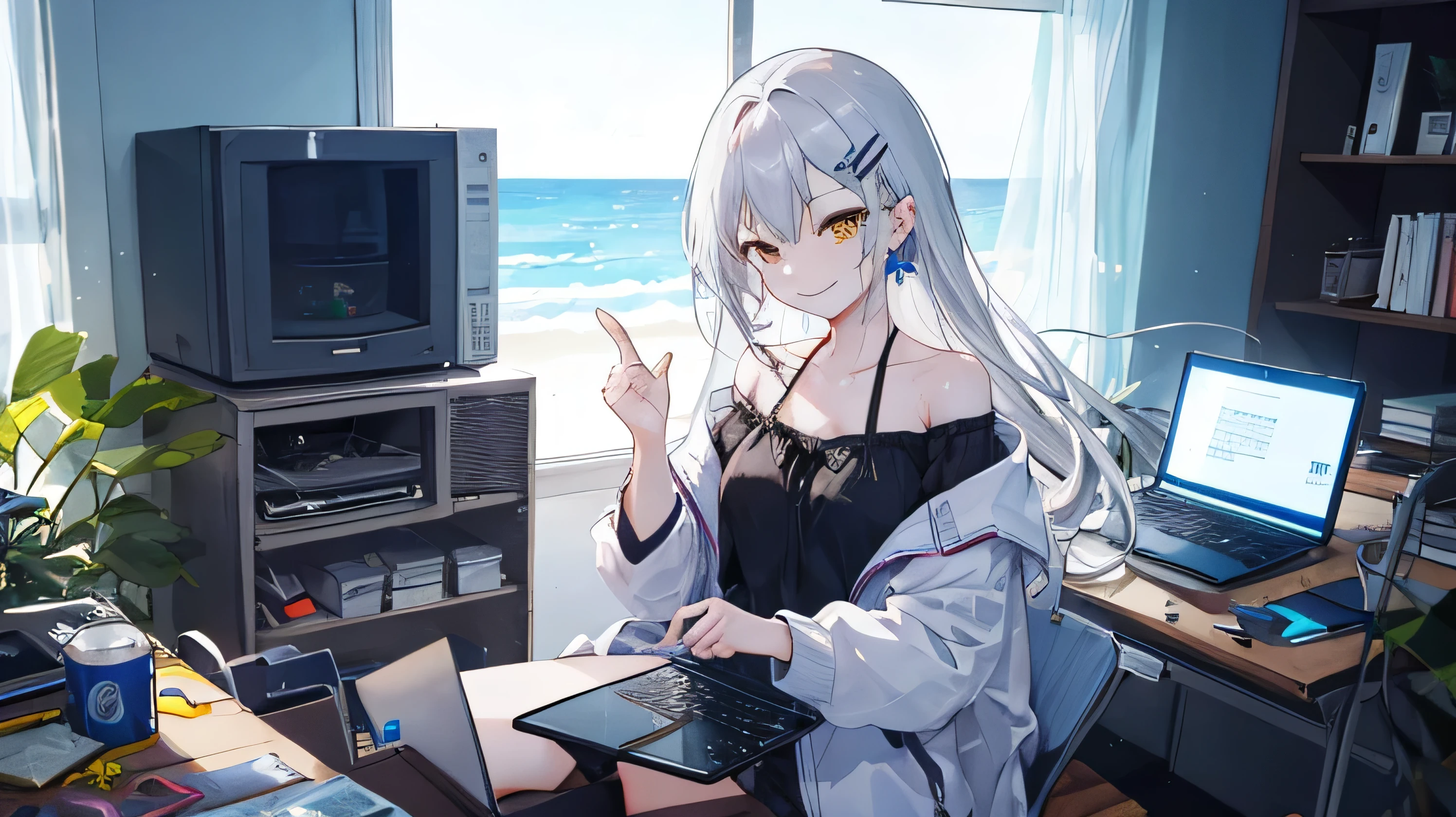 ((Highest quality)), ((masterpiece)), (detailed), A girl with long silver hair and a diagonal parting,pointing,36 years old,Smirking face,Golden Eyes,Straight Hair,Diamond shaped hair clip,Face tattoo,,Black off-the-shoulder,Summer vacation,Enjoy,Private room,Summer Light,computer,Windows,Blue Screen,Surfing the net,Social withdrawal,Air conditioner wind,comfortable,Cyberspace,hacking,