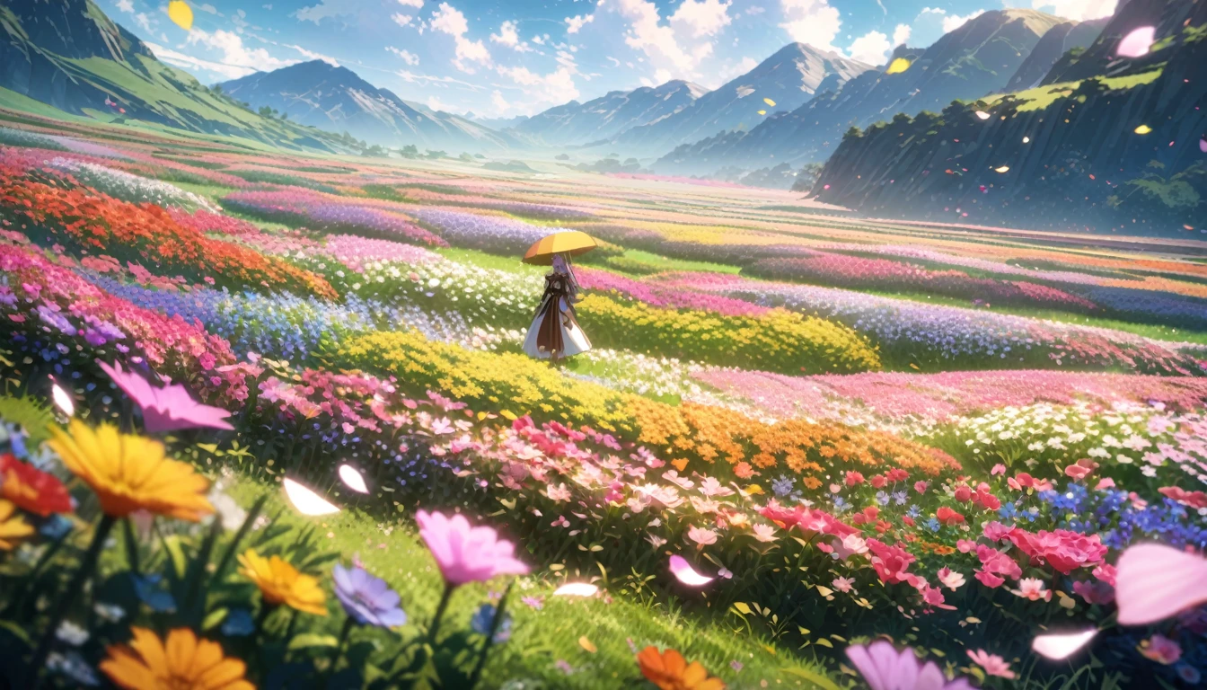 anime aestetics, anime scenery, japanese spirit arc standing in the open field, a few stones on the field, diverse landscape, beautifl atmosphere, breathtaking atmosphere, field filled with colorful flowers, peaceful atmosphere, petals flying in the air, windy weather, bright day, fairy tail atmosphere, cinematic ligt, perspective, atmospheric perspective, wide shot, from side, 8k, highres, best quality, award winning, super detail, masterpiece, UHD