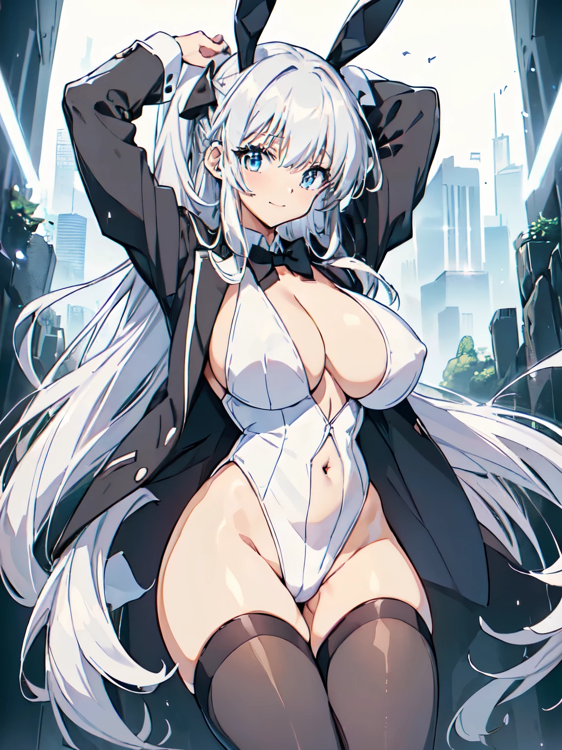 (tuxedo jacket), (white leotard), smiling(short height)(young girl), (black bunny ears), (huge round breasts)(big boobs), narrow waist, belly button, small hips, (bare hips), (thin legs)(bare legs), (thin thighs)spread, (white high-heel), (silver ponytail)(white ribbon), (Highly Detailed CG Unity 8K Wallpaper) (Better Quality) (Better lighting)