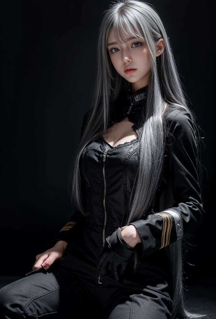 Military Uniforms,pants,black military uniform,whole body,Height: 168cm,almond shape eyes,{{{{{silver eyes}}}}},{{{{{dull bangs}}}}},(slanted eyes},{{whole body},{{{1 girl}}}, long hair, straight hair,{{{{silver hair}}}},{{{tsurime}}},30 years old,{Medium chest},{{bush}},silver eyes,{{{masterpiece}}}, {{{highest quality}}}, {{Super detailed}}, {shape}, {{very delicate and beautiful}},very detailed,detailed perfect,detailed hyper,Abundant thighs,big ass,black clothes
