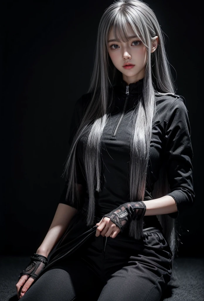 Military Uniforms,pants,black military uniform,whole body,Height: 168cm,almond shape eyes,{{{{{silver eyes}}}}},{{{{{dull bangs}}}}},(slanted eyes},{{whole body},{{{1 girl}}}, long hair, straight hair,{{{{silver hair}}}},{{{tsurime}}},30 years old,{Medium chest},{{bush}},silver eyes,{{{masterpiece}}}, {{{highest quality}}}, {{Super detailed}}, {shape}, {{very delicate and beautiful}},very detailed,detailed perfect,detailed hyper,Abundant thighs,big ass,black clothes