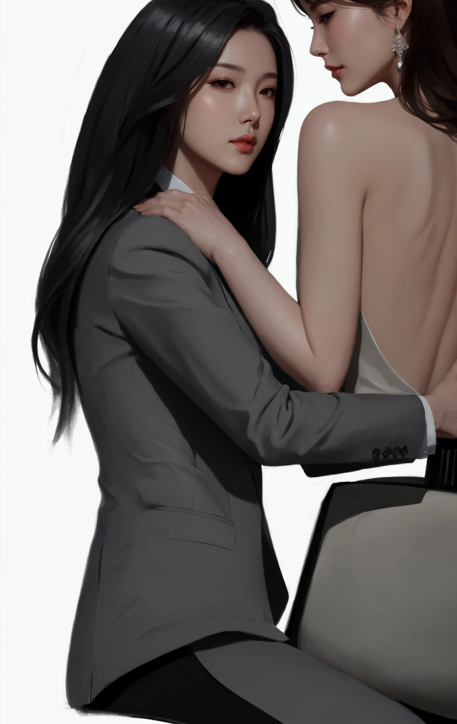 Drawing of two women in suits Formal sitting in a chair, Arms around her neck., Drawing in Anime Painter Studio, Made with Anime Painter Studio., fully dressed. Sexy paintings, Inspiration from Kim Deuksin, Look at her shoulder., Digital art of elegance, hands behind, inspired By Jeon Seok Lee, By Jeon Seok Lee, half body portrait