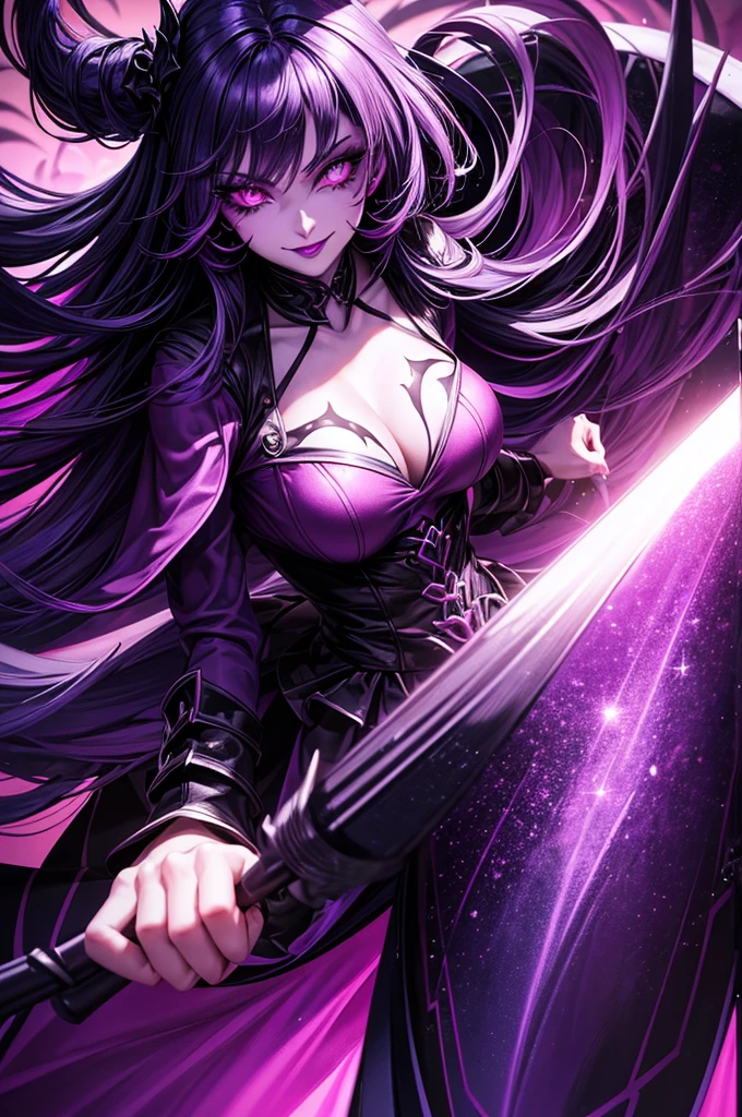 Ultra detailed young evil girl. Evil smile on her face. Villainess. Long dark floating hair. Beautiful makeup on her face. Beautiful eyelashes. Lipstick on her lips. Bright purple eyes. Crazy looking villain. Very colorful, lots of colors. Night background, with cars with bright headlights on behind, illuminating the dark streets.