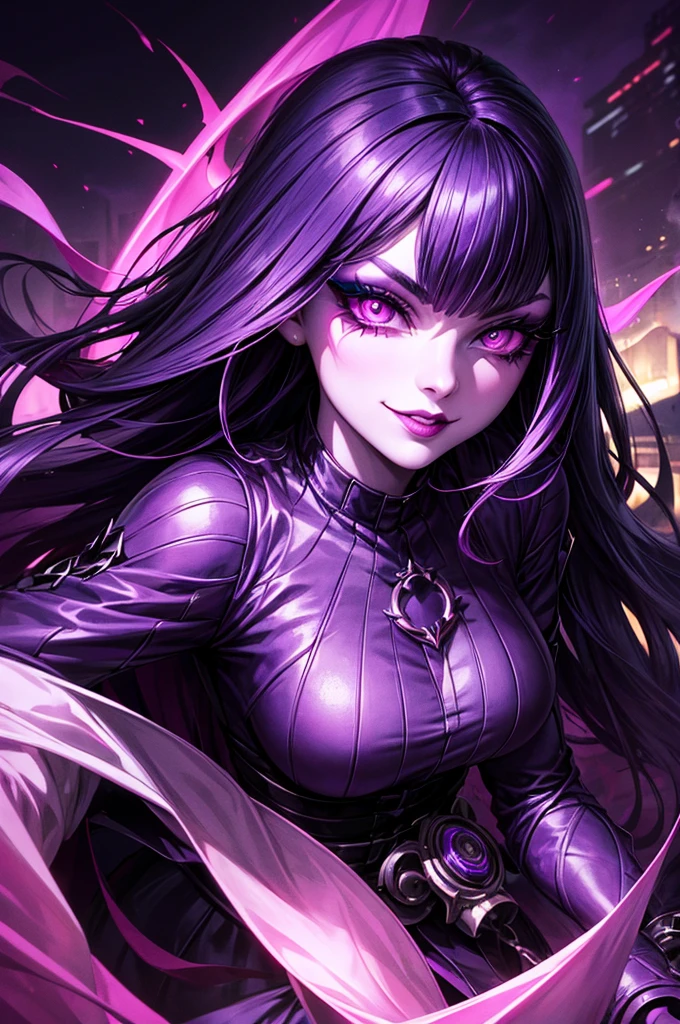 Ultra detailed young evil girl. Evil smile on her face. Villainess. Long dark floating hair. Beautiful makeup on her face. Beautiful eyelashes. Lipstick on her lips. Bright purple eyes. Crazy looking villain. Very colorful, lots of colors. Night background, with cars with bright headlights on behind, illuminating the dark streets.