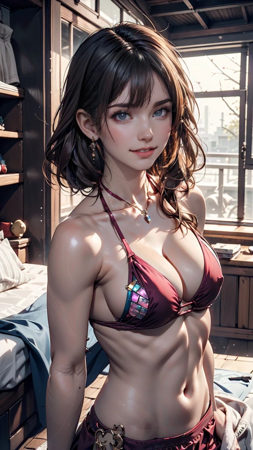Suspended bikini、Sling Makeup、Both directions、The top and bottom are connected like a one-piece dress..、The dough is divided lengthwise into two parts, Running from the neck, chest, From belly button to groin.、The part that connects to the side is the neck、Waist、Characterized by being found only under the armpits.。This name is、The name was given because the pattern resembles the fabric used for pachinko.。.、Mature female body、sexy、sexy proportions、Long eyelashes、Short Twin Tails((Short Twin Tails))、Purple inner color、Crystal Earrings((Crystal Earrings))、A Captivating smile((Captivating smile))、Engage your audience