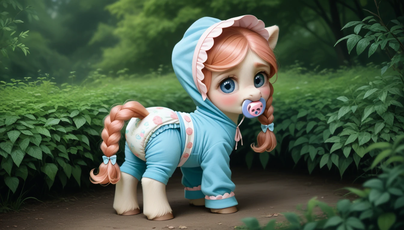pony, beige earth pony, no horn, no wings, adult filly, lush mane braided, bushy tail, blue eyes, stands on four hooves, rear hooves spread wide apart, dressed in onesie foal, foal bonnet and foal booties, pacifier in mouth, solo, raised tail, thick diaper under clothes, pink blush on cheeks, embarrassment, awkwardness.