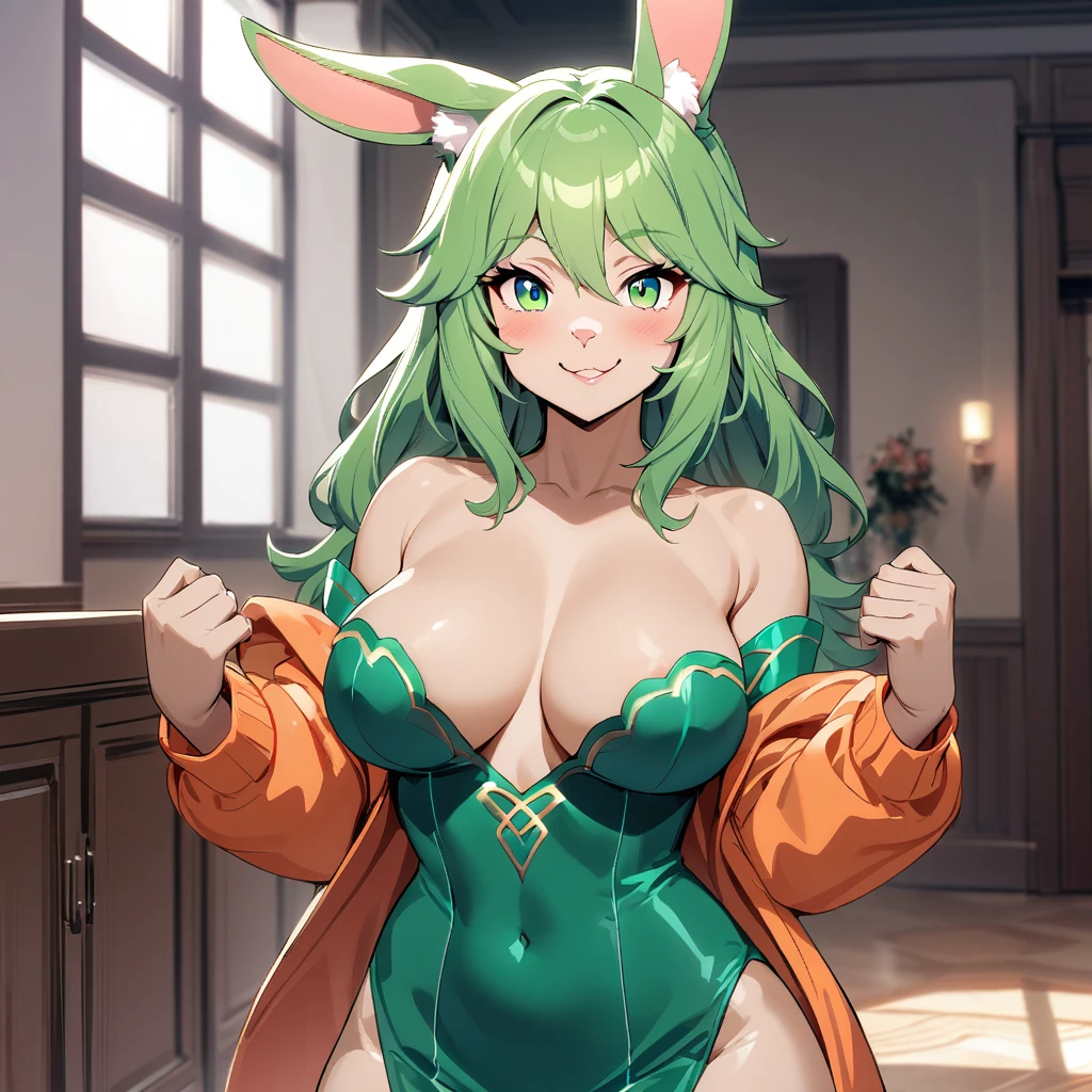 (best quality, irritability ,aesthetic,absurdres),select and generate best screen effect,((2girl,long-deepgreen-hair,green-eyes,orange-hooded-jacket)),1girl,solo,(furry female),(rabbit girl:1.2),anthro,off-shoulder dress,revealing clothes,smile,mature female,jewelry,contrapposto,indoors