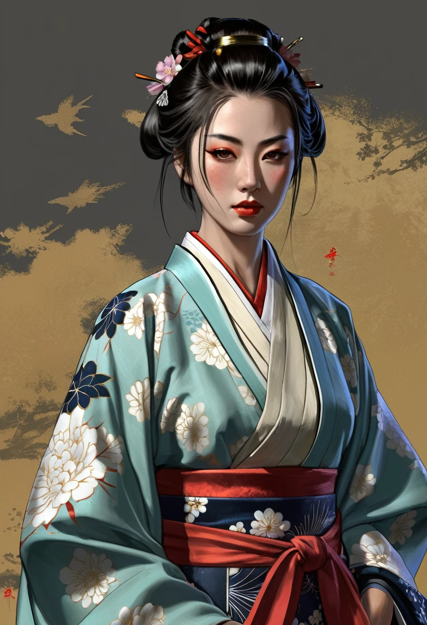 Need to create concept art of a samurai for MMORPG, centered on a Japanese setting. A geisha should inspire grace, sophistication and mystery, typical of Japanese culture. Picture her in a traditional kimono with details, reflecting her status and professionalism, combining elements of traditional and fantasy design. digital painting