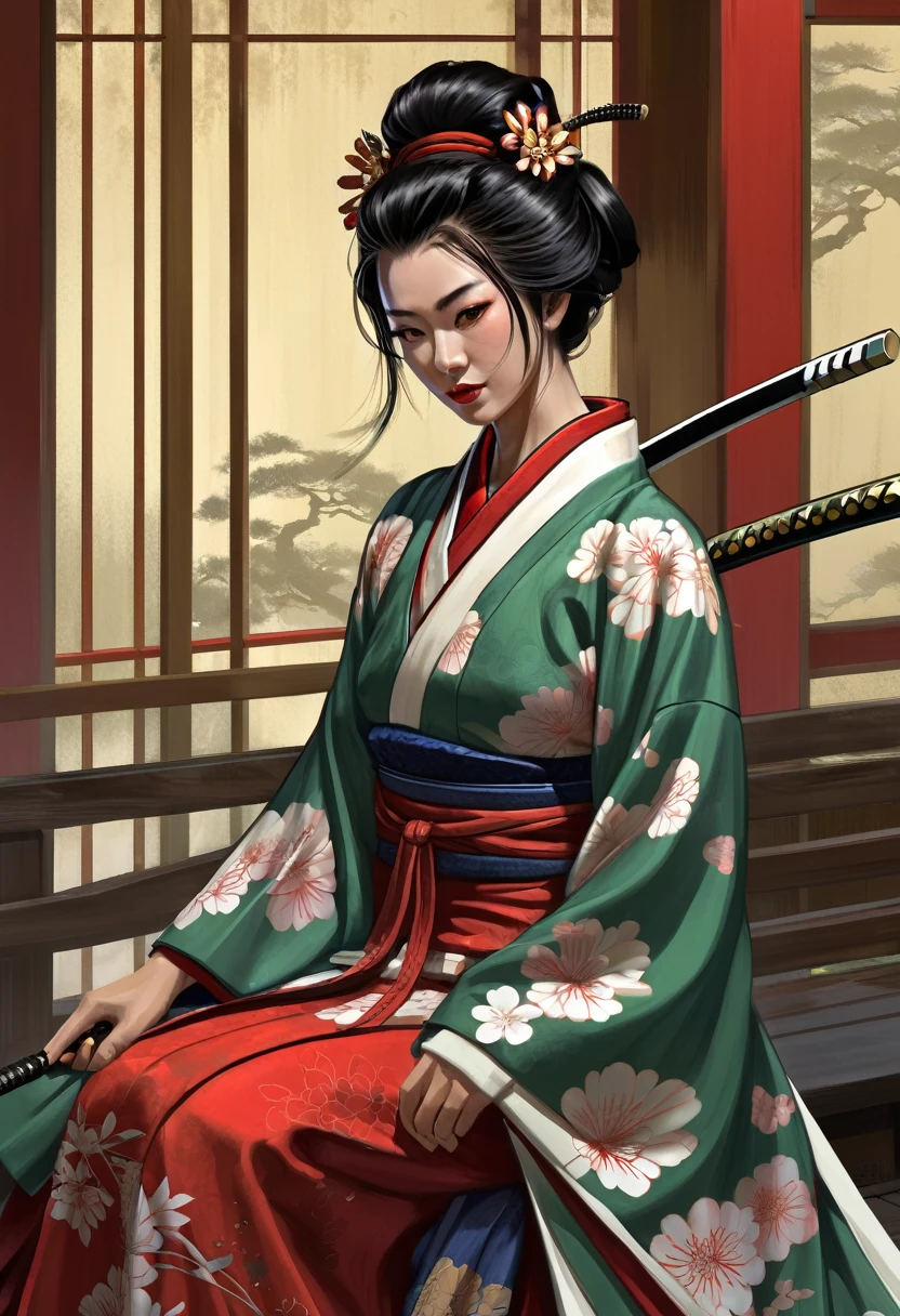Need to create concept art of a samurai for MMORPG, centered on a Japanese setting. A geisha should inspire grace, sophistication and mystery, typical of Japanese culture. Picture her in a traditional kimono with details, reflecting her status and professionalism, combining elements of traditional and fantasy design. digital painting