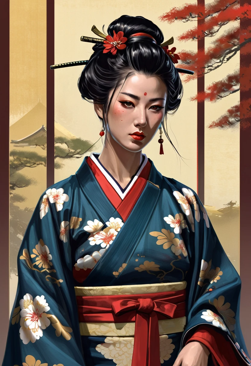 Need to create concept art of a samurai for MMORPG, centered on a Japanese setting. A geisha should inspire grace, sophistication and mystery, typical of Japanese culture. Picture her in a traditional kimono with details, reflecting her status and professionalism, combining elements of traditional and fantasy design. digital painting