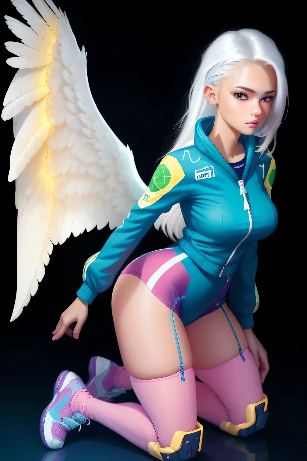 8K ultra realistic , High detail,. Beautiful, women, Cara sexy, yellow eyes, by white, Skinny body, white hair with light blue rays bare head to the wind Bare Head,perfect lips, perfect eyes, Wings angels, pose sexy, pink stockings, mecha, neon sign, led night city, seen from above, high quality, realist, beautiful light, full detail, Black background. 18-year, forest galactic level 27, full body, background skull cavern