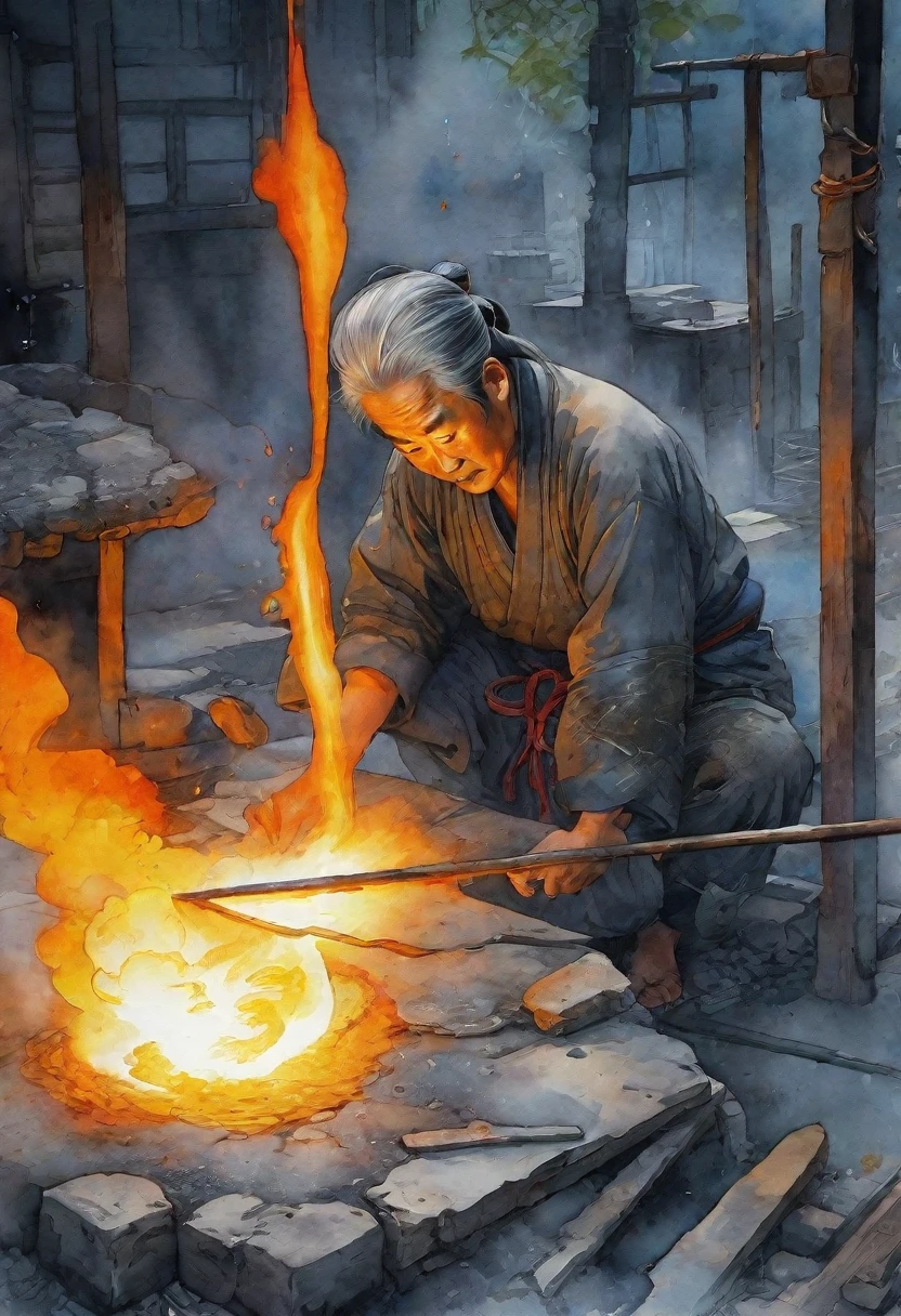 There were several men holding iron bars., blacksmith, Smelter, body building blacksmith，一群blacksmith, working in the forging, background, Ironmaking pits,  blacksmith, Ancient Chinese tools and houses, forging, at night, Sweating、Dirty and messy ancient times (grey:1.2) (old:1.2) (witch:1.1) (Serving:1.4) (几个blacksmith:1.5) 隐藏在shadow中，Contrast tattoo with a hot iron  (Hammer:1.2) Force a piece (Thermoluminescence:1.2) Iron Machinery, Tinkering, Costume, ), Red spark, (High contrast:1.2), shadow, Luminous Light, extremely (深色background,:1.2), labor, Dark Scene,complex, detailed, Backlight， dusk,  author：Randolph Caldecott, (watercolor, masterpiece, representative work, Illustration Art, Professional Line Art, Super complex and detailed, Chinese painting，8K:1.3)