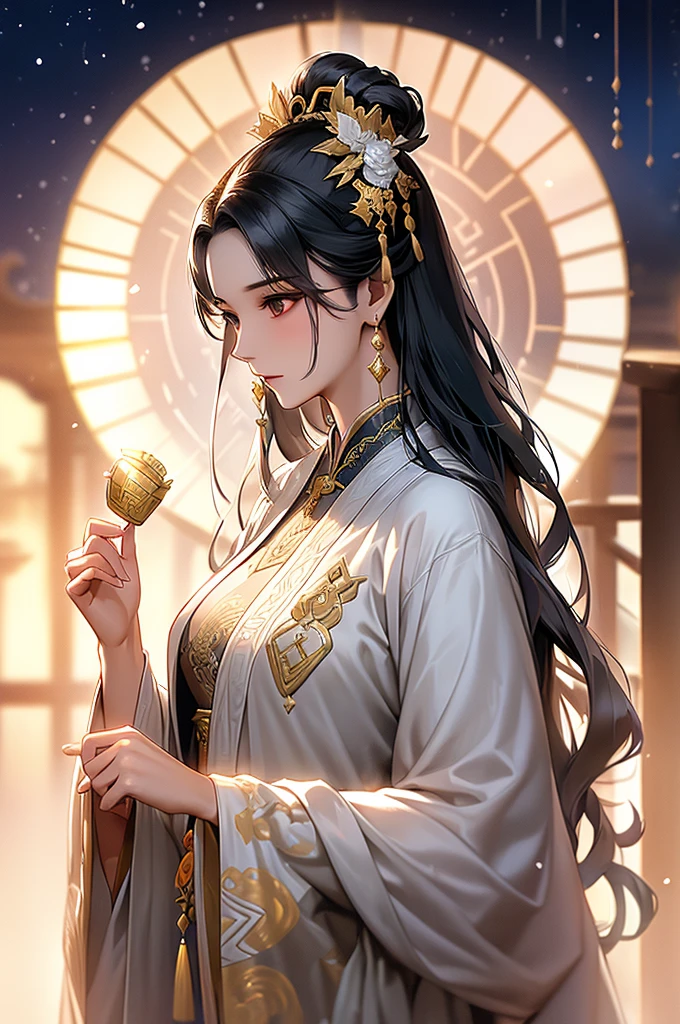 Black Hair, Immortal, Beauty, Royal sister, Stepmother, White Taoist robe, Golden Phoenix Coronet, Hair Bunch, Mature Woman