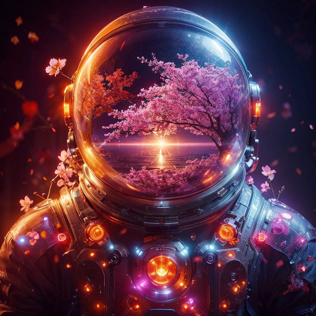 "Create a futuristic image of an astronaut in a glowing, high-tech spacesuit with vibrant orange, purple and red lights. Through the astronaut's glass helmet there is a beautiful glowing different colour plant covering it's branches inside out of the helmet, a serene cherry blossom tree in the background, with delicate pink petals and a dark, atmospheric setting. The overall vibe should be a blend of advanced technology and natural beauty, evoking a sense of wonder and harmony between humanity and nature. Detailed, textured image