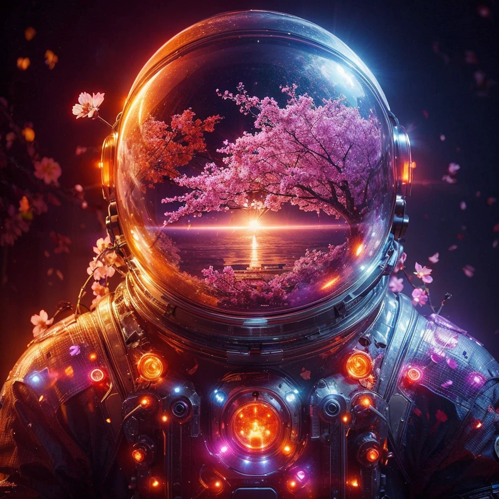 "Create a futuristic image of an astronaut in a glowing, high-tech spacesuit with vibrant orange, purple and red lights. Through the astronaut's glass helmet there is a beautiful glowing different colour plant covering it's branches inside out of the helmet, a serene cherry blossom tree in the background, with delicate pink petals and a dark, atmospheric setting. The overall vibe should be a blend of advanced technology and natural beauty, evoking a sense of wonder and harmony between humanity and nature. Detailed, textured image