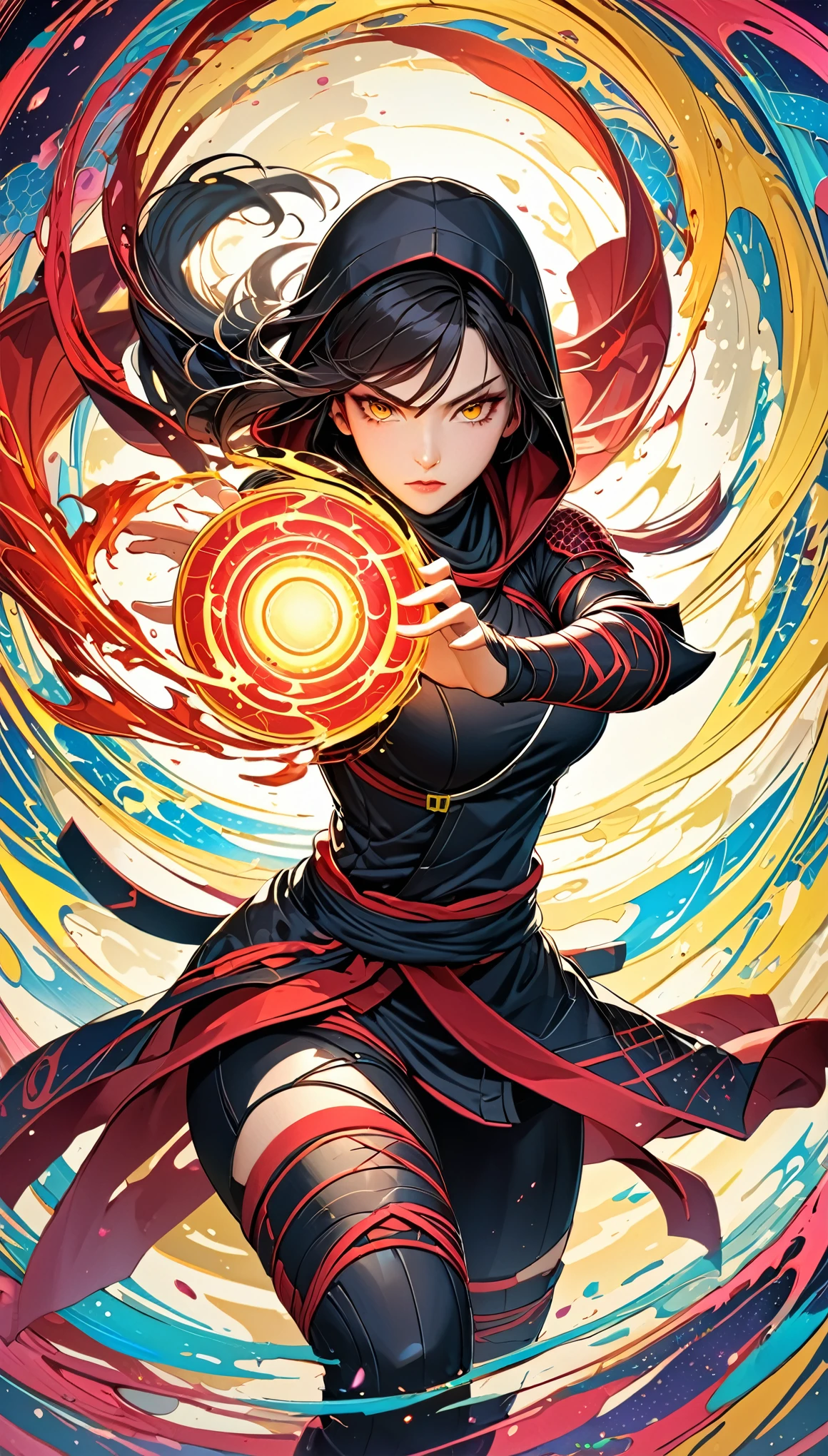 (masterpiece:1.2),(Highest quality),(Very detailed),(High resolution),8k,wallpaper,1 girl,Beautiful female hands,Fine hand,A female ninja is standing,look at me,Beautiful Eyes,Red glowing eyes,The female ninja uses secret genjutsu techniques.,(The background is a kaleidoscope-like, beautiful, geometric illusion world.),The female ninja creates a round, yellow, evil energy body in her palm in preparation for an attack.,(action shot),(Beautiful female hands:1.6),(Detailed Female Hands:1.6),(((Hand,detailed,perfect,perfection,hands))