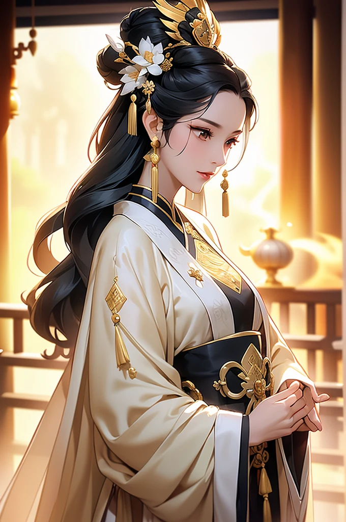 Black Hair, Immortal, Beauty, Royal sister, Stepmother, White Taoist robe, Golden Phoenix Coronet, Hair Bunch, Mature Woman