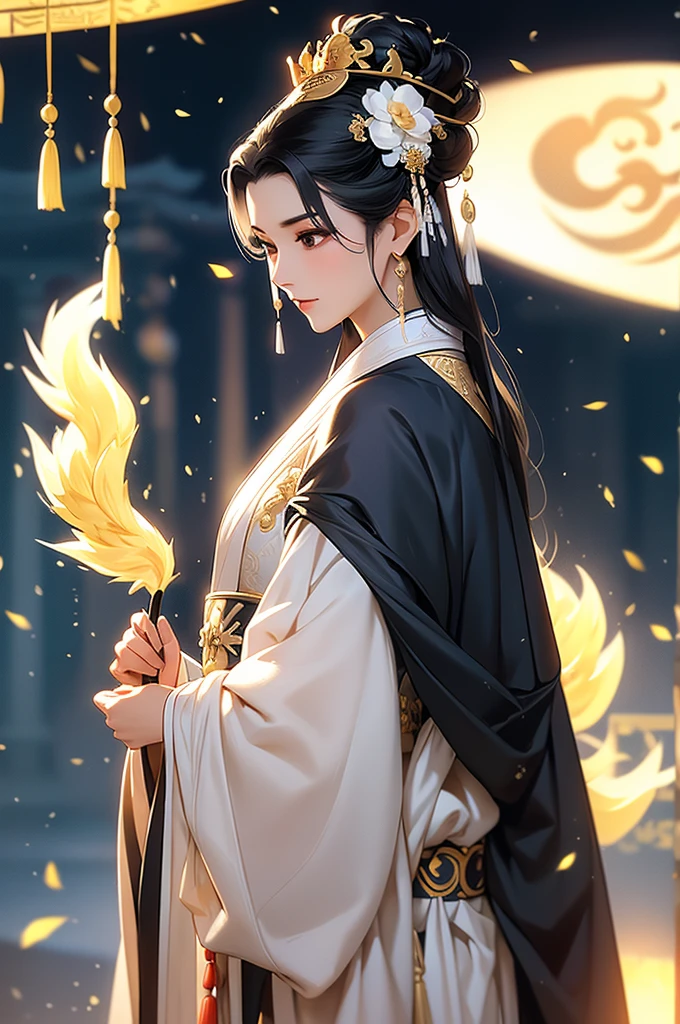 Black Hair, Immortal, Beauty, Royal sister, Stepmother, White Taoist robe, Golden Phoenix Coronet, Hair Bunch, Mature Woman