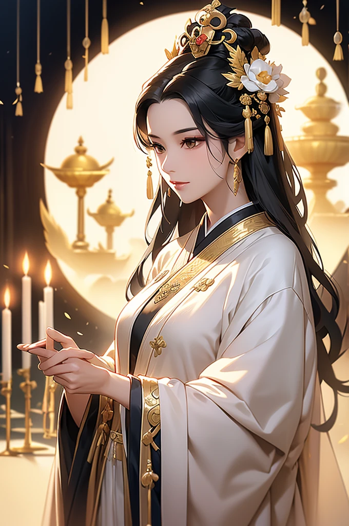 Black Hair, Immortal, Beauty, Royal sister, Stepmother, White Taoist robe, Golden Phoenix Coronet, Hair Bunch, Mature Woman