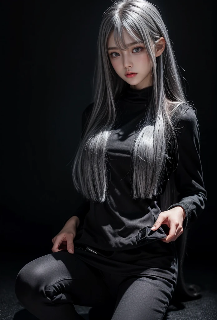 Military Uniforms,pants,black military uniform,whole body,Height: 168cm,almond shape eyes,{{{{{silver eyes}}}}},{{{{{dull bangs}}}}},(slanted eyes},{{whole body},{{{1 girl}}}, long hair, straight hair,{{{{silver hair}}}},{{{tsurime}}},30 years old,{Medium chest},{{bush}},silver eyes,{{{masterpiece}}}, {{{highest quality}}}, {{Super detailed}}, {shape}, {{very delicate and beautiful}},very detailed,detailed perfect,detailed hyper,Abundant thighs,big ass,black clothes