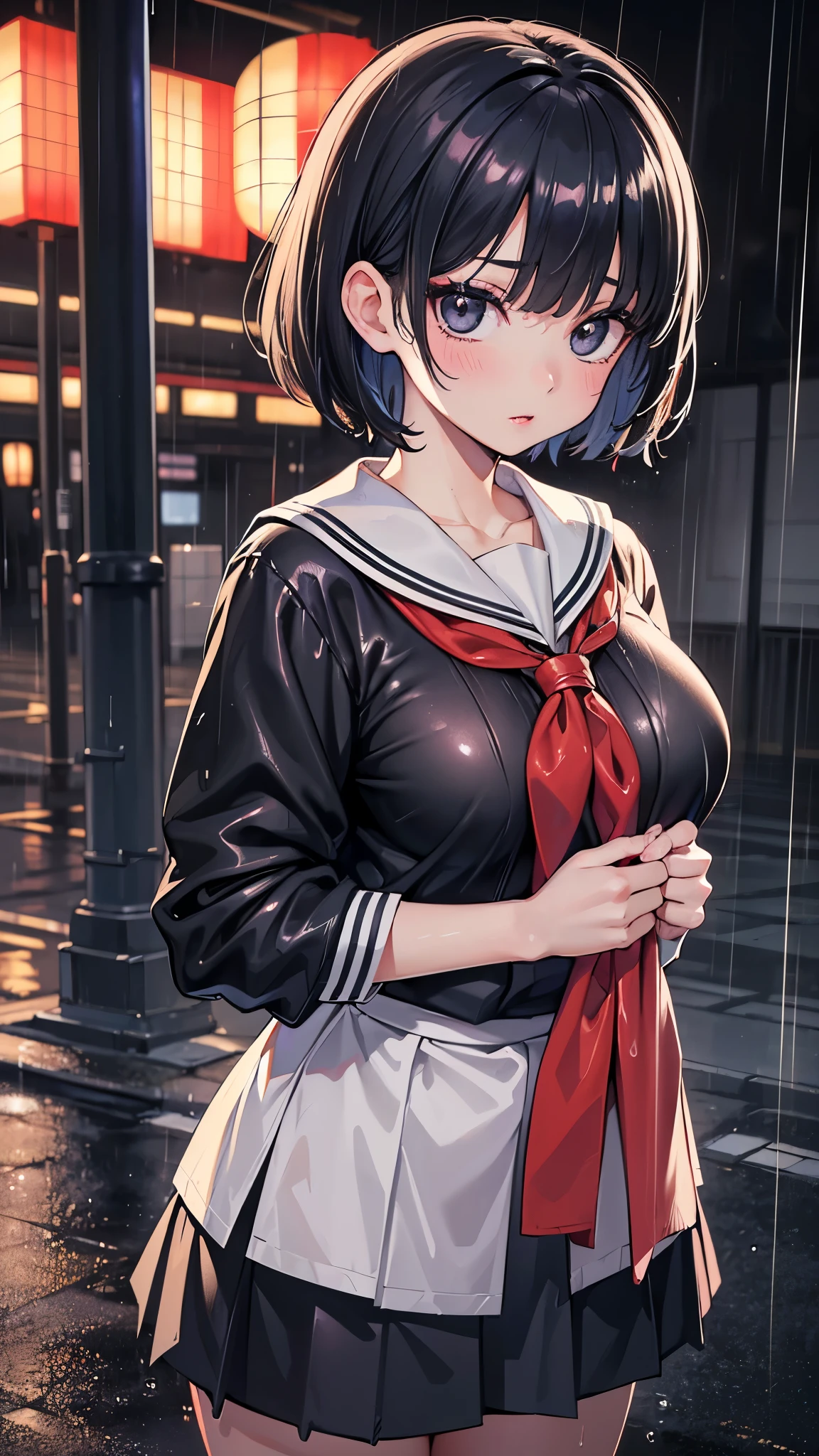(masterpiece, 最high quality, 超High resolution, Very detailed), (Realistic:1.1, photoRealistic:1.4), Perfect illustration, Perfect lighting,Hair in perfect detail, Perfect and detailed face, Perfect collarbone, Perfect body,Juicy breasts, Perfect Thighs, Beautiful feet, View your viewers, 1 Girl,Perfect Face, (Perfect Anatomy, Anatomically correct), Symmetrical face、((Shiny Hair)),Sexy Body、(masterpiece),(最high quality：1.3),8k,Very clear,(Ultra-realistic),,Captivating woman,(high quality, High resolution, Fine details), Realisticなスタイルの女性,Juicy breasts、One perfect woman、Perfect Face、Symmetrical face、Baby Face、((Large Breasts))、blush、((Juicy lips))、Cowboy Shot、((Black short hair))、((Large, double-set black eyes、Long eyelashes))、((Red makeup))、((((Japanese school girl uniform))))、((Wet clothes))、(((Uniforms sticking to the body in the rain)))、(Outdoor、On the street at night in the rain)