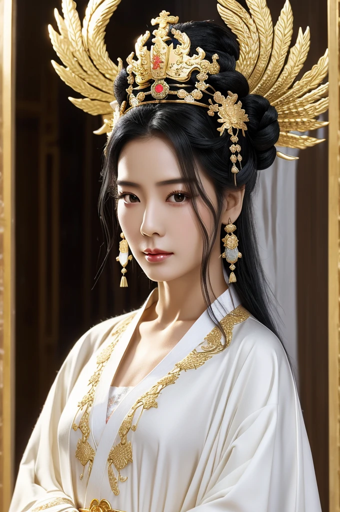 Black Hair, Immortal, Beauty, Royal sister, Stepmother, White Taoist robe, Golden Phoenix Coronet, Hair Bunch, Mature Woman