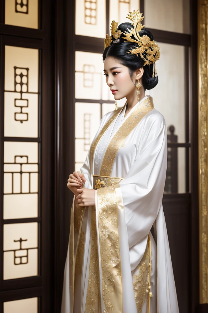 Black Hair, Immortal, Beauty, Royal sister, Stepmother, White Taoist robe, Golden Phoenix Coronet, Hair Bunch, Mature Woman