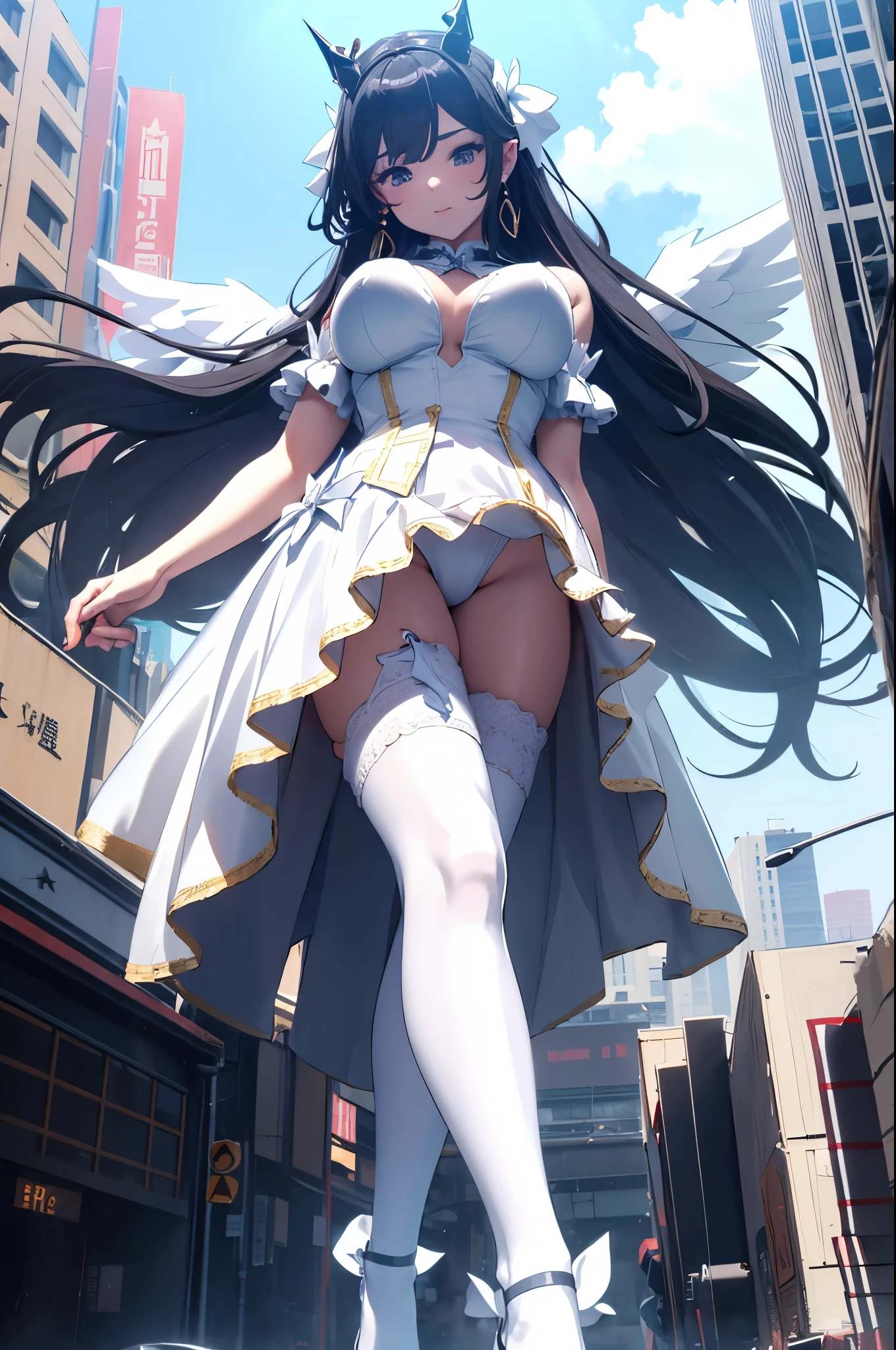 Giant Succubus Girl 50,000 feet high,Weight 1000 kg,Has a pair of white feather wings,Have a pair of fat long legs,Big breasts,Like a pregnant queen,Smirked,Wearing a white crown,Wearing white earrings,She has long white wavy hair.,Loose hair,Wearing a pair of white high heels,Wearing white lace pantyhose,Bow and star embellished tights,白色蕾丝whole body,Beautiful appearance,Exquisite makeup,quality,8k,高quality,Perfect proportion, Cinema Lighting,Film Grain,Fuji Color,8k,Textured Skin,Super Detail,High Detail,high resolution,charming,Standing in a small city,Destroying the city,whole body,fat。
