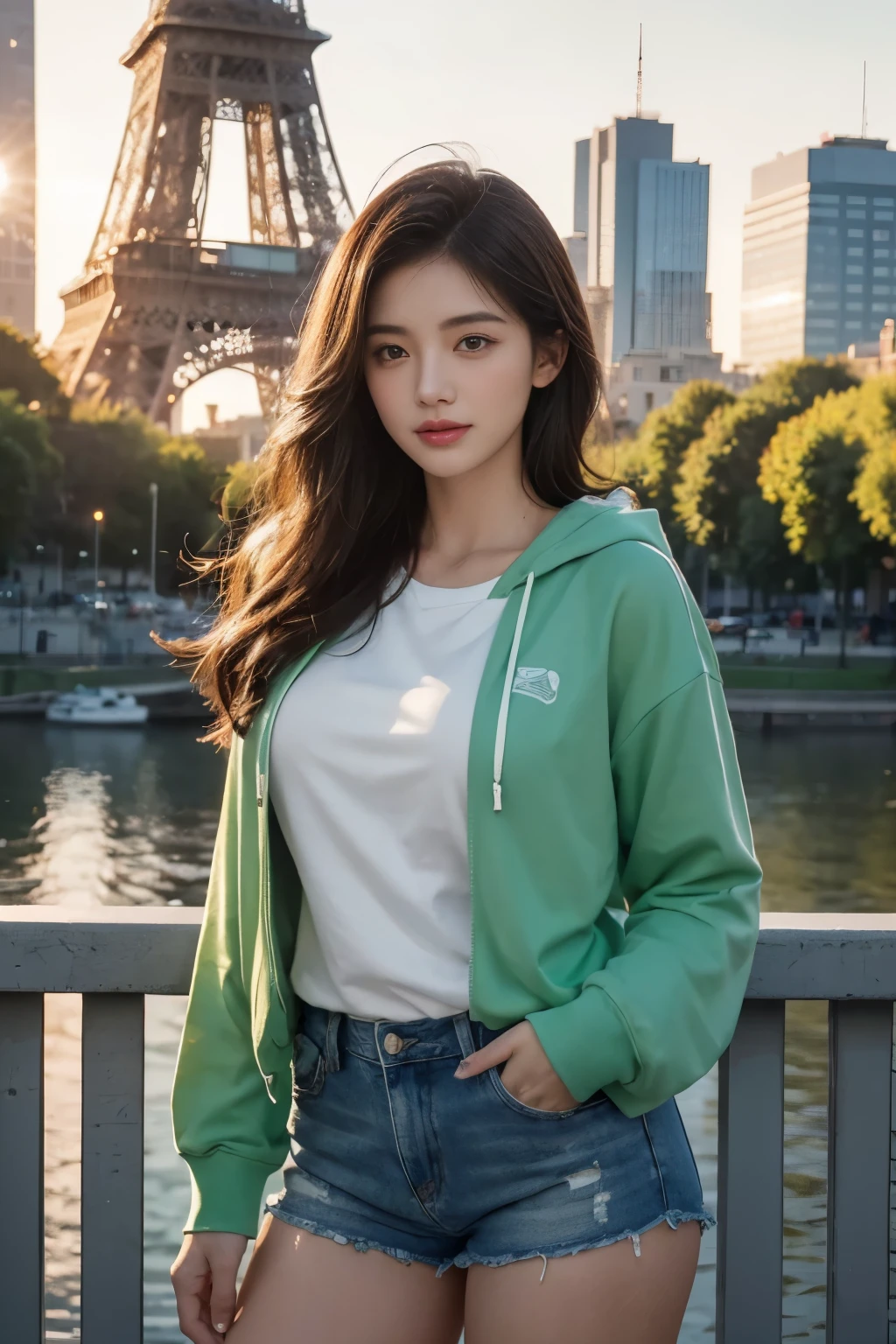 Mma beautiful woman, wearing a green hoodie, a white shirt, and denim shorts, with big thighs, standing in front of the Eiffel Tower in the morning, (best quality,4k,8k,highres,masterpiece:1.2),ultra-detailed,(realistic,photorealistic,photo-realistic:1.37),highly detailed face,beautiful eyes,beautiful lips,extremely detailed facial features,long eyelashes,natural lighting,warm color tones,vibrant colors,cinematic composition,detailed background,cityscape,urban environment,clear sky,morning light
