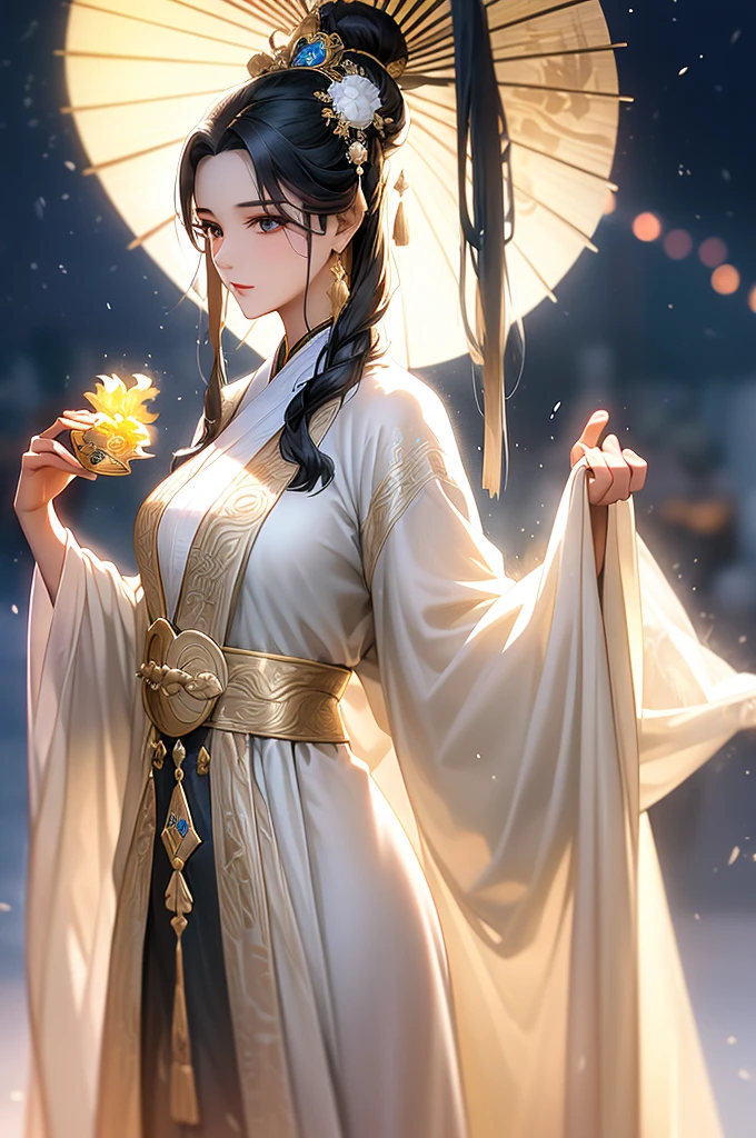 Black Hair, Immortal, Beauty, Royal sister, Stepmother, White Taoist robe, Golden Phoenix Coronet, Hair Bunch, Mature Woman